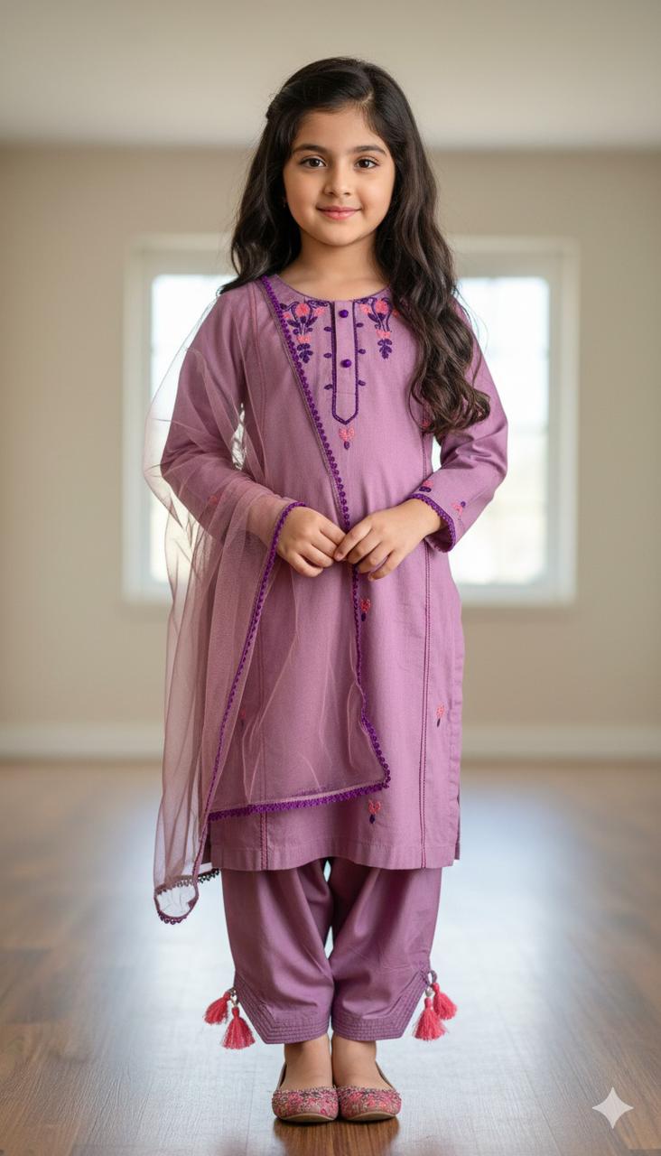 Girls Mauve Embroidered Kurti 3-Piece Set with Dupatta