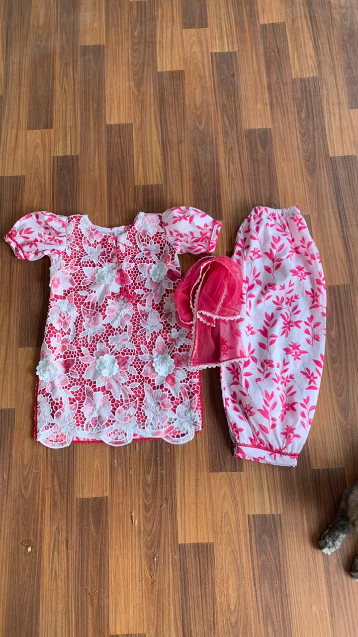 Pink & White Floral Girls 3 Piece Dress | Kids Stylish Lawn Outfit Pakistan