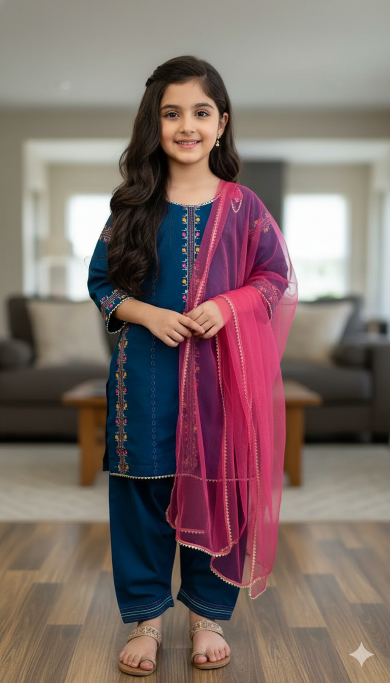 Elegant Girls Ethnic Suit – Teal & Pink Ensemble