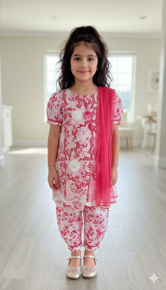 Pink & White Floral Girls 3 Piece Dress | Kids Stylish Lawn Outfit Pakistan
