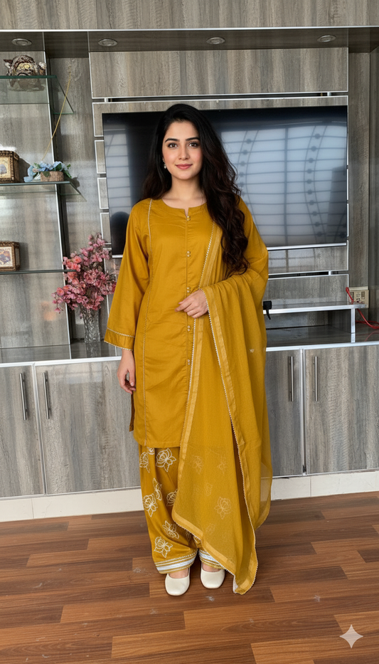 Mustard Yellow Embroidered lawn 3 Piece Suit for Women