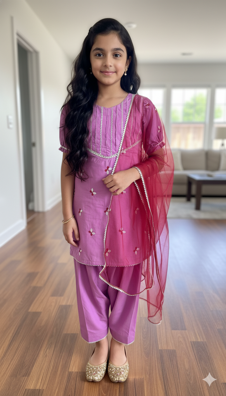Elegant Pink Embroidered Kids Lawn Suit with Dupatta