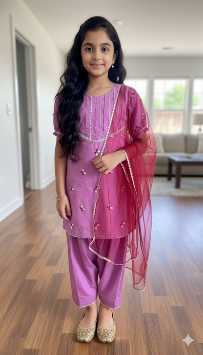 Elegant Pink Embroidered Kids Lawn Suit with Dupatta