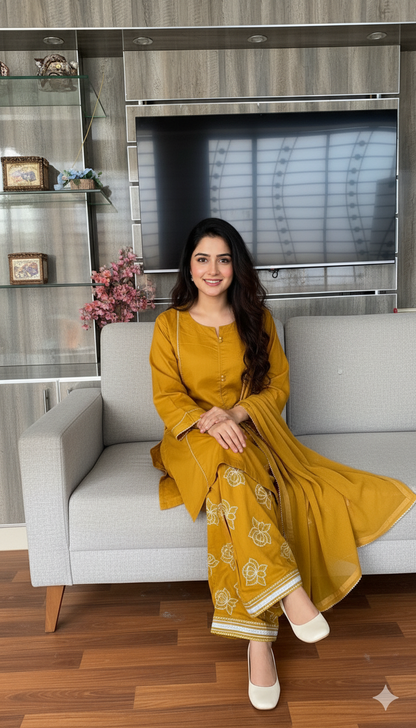 Mustard Yellow Embroidered lawn 3 Piece Suit for Women