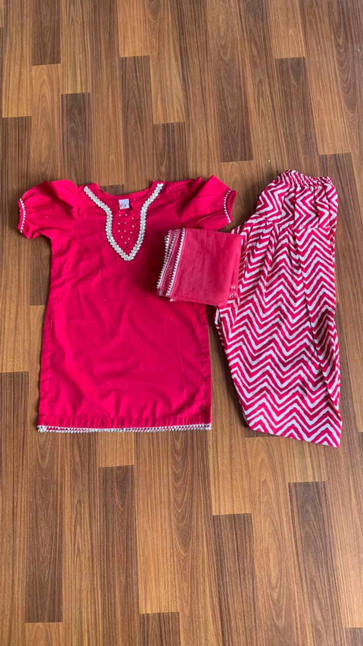 Girls Red Ethnic Kurti Set with Printed Trousers
