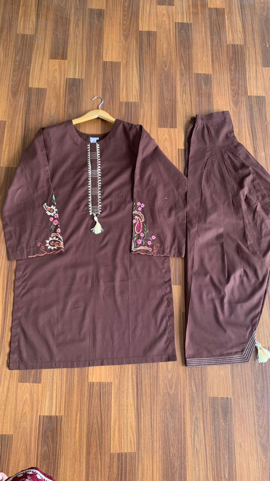 Girls Brown Embroidered Kurti Set with Matching Trousers