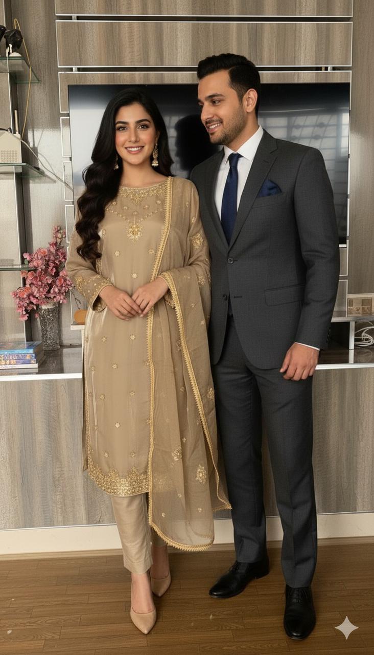 Elegant Beige Embroidered 3-Piece Suit with Dupatta