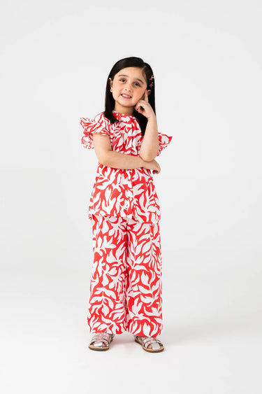 Girls Red Printed Cotton Co-ord Set
