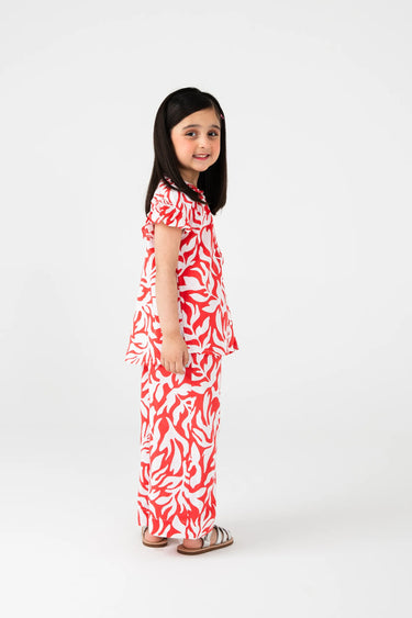 Girls Red Printed Cotton Co-ord Set
